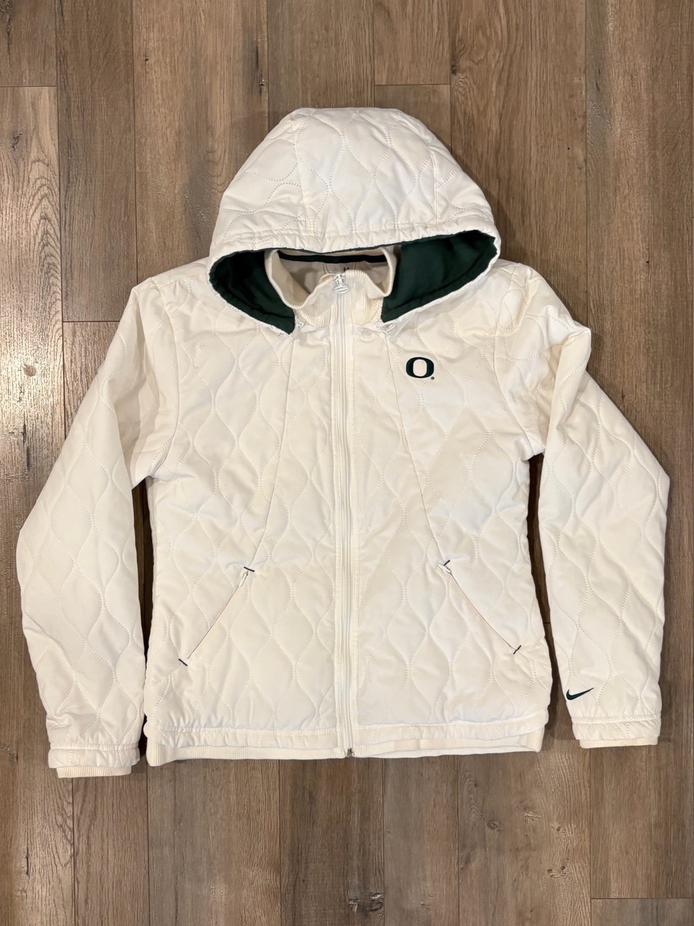 Nike White Quilted Hooded Jacket with Green Lining